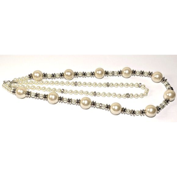 Off White Silver Tone Rhinestone Double Strand Necklace - Picture 4 of 9